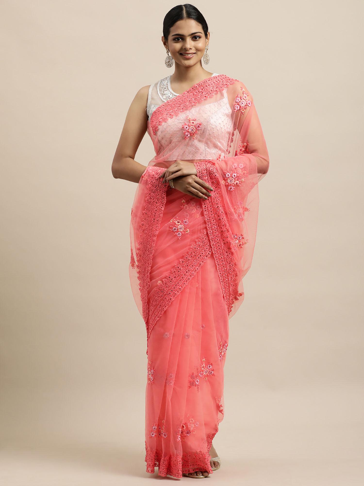 peach floral embroidered net saree with unstitched blouse