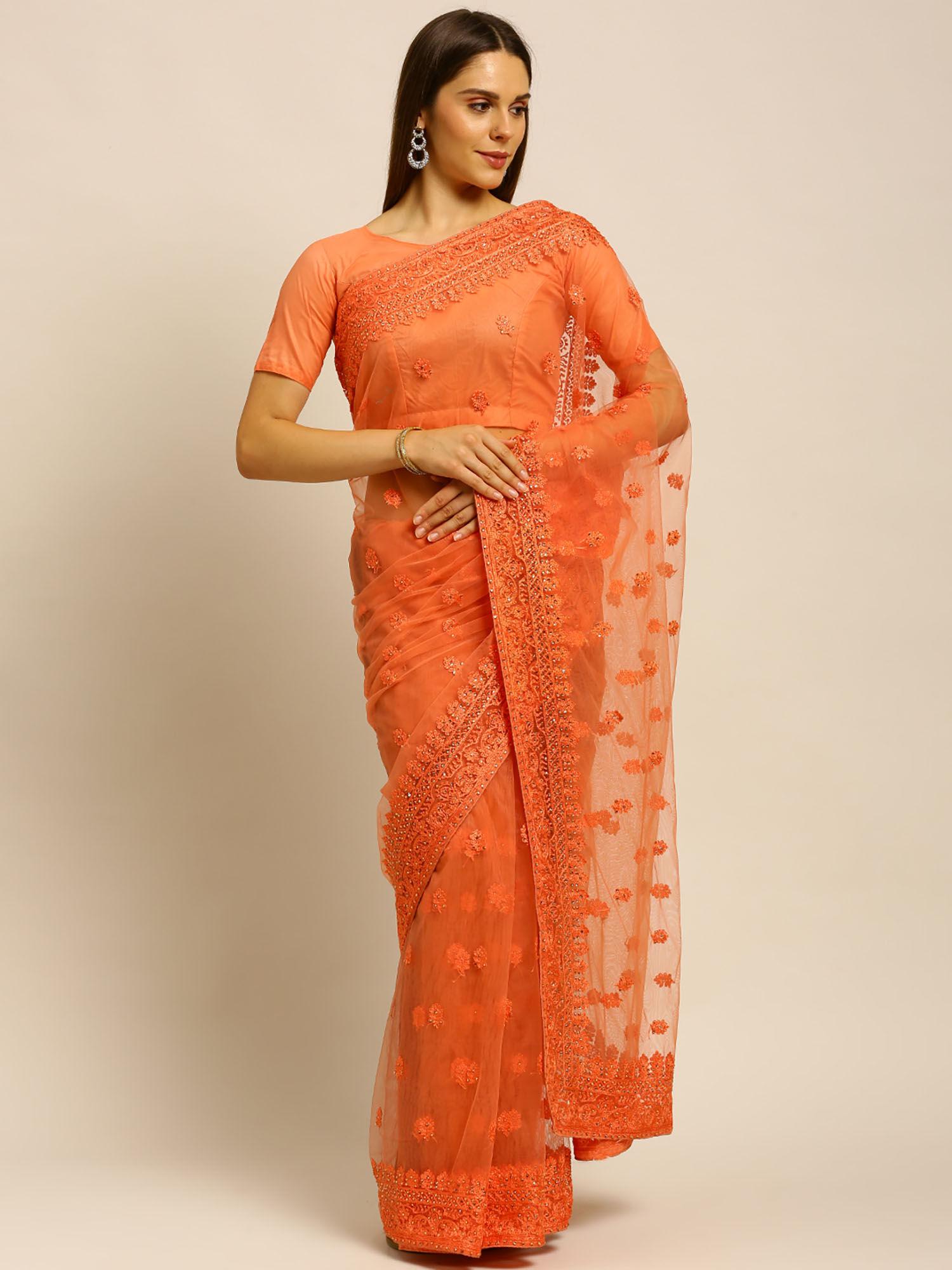 peach floral embroidered net saree with unstitched blouse