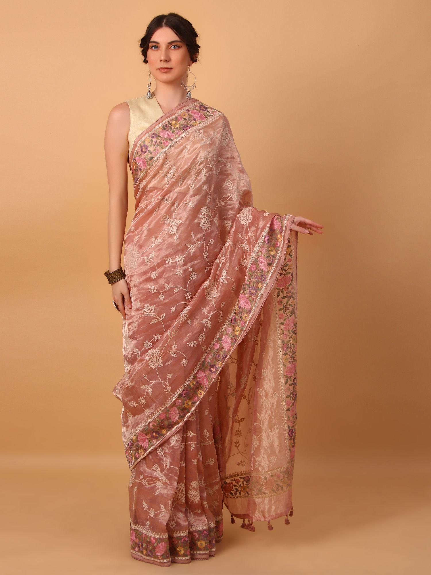 peach floral embroidery saree with stitched blouse