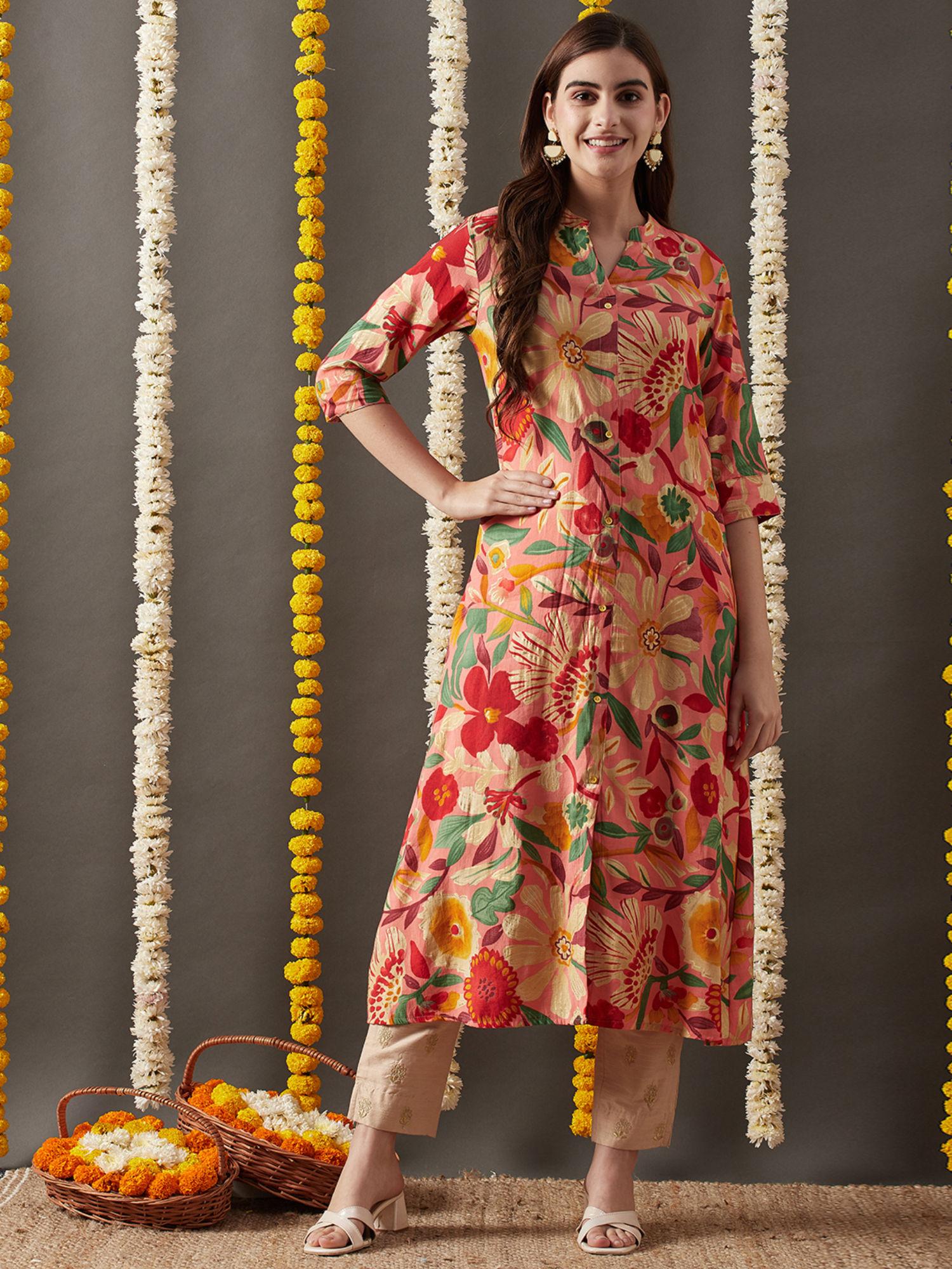 peach floral foil printed a-line kurta