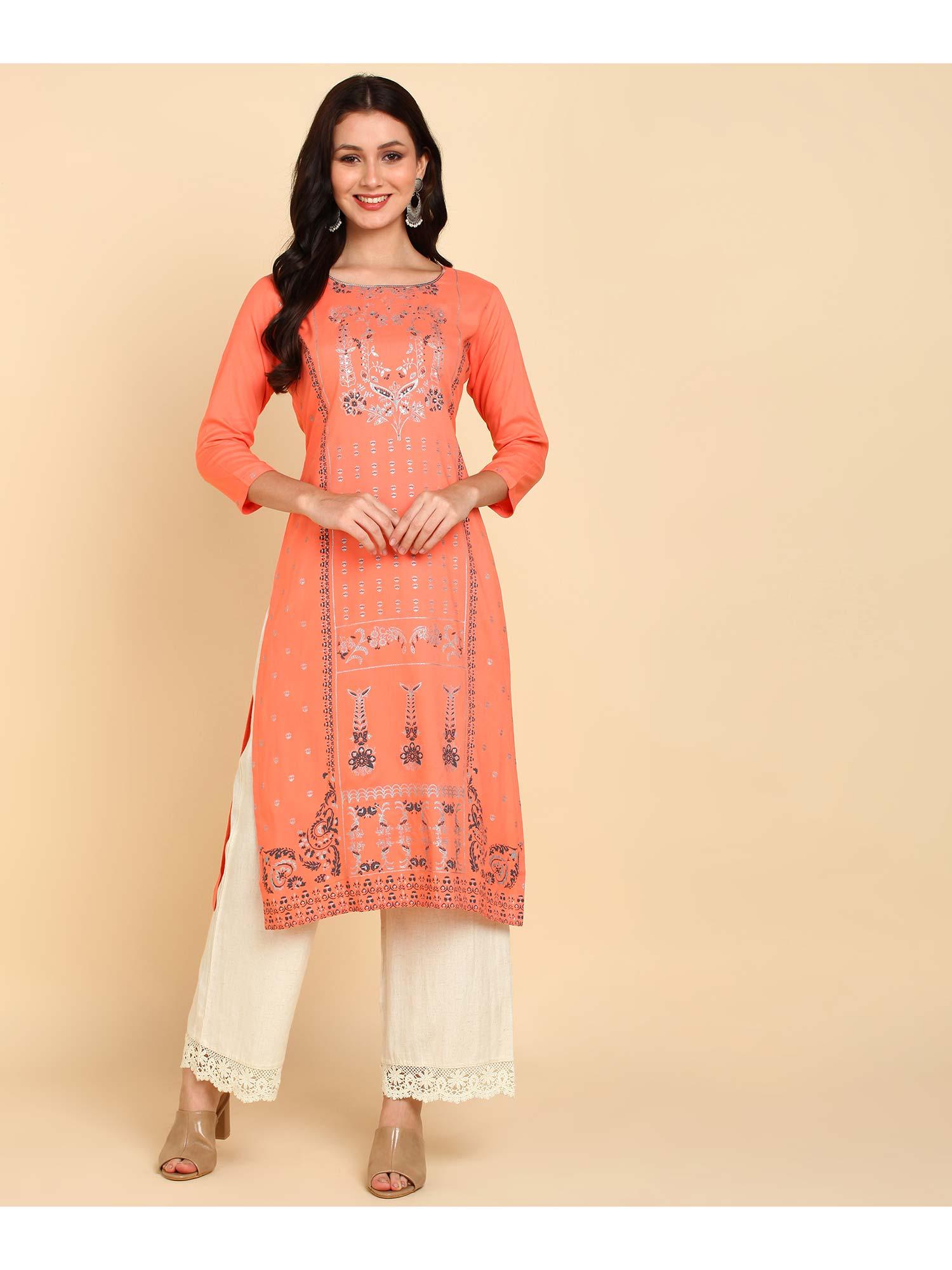 peach floral foil printed rayon kurta