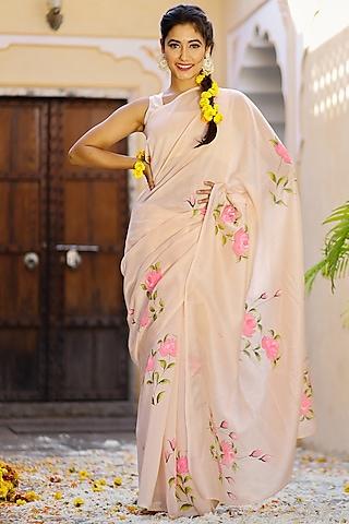 peach floral hand-painted saree set