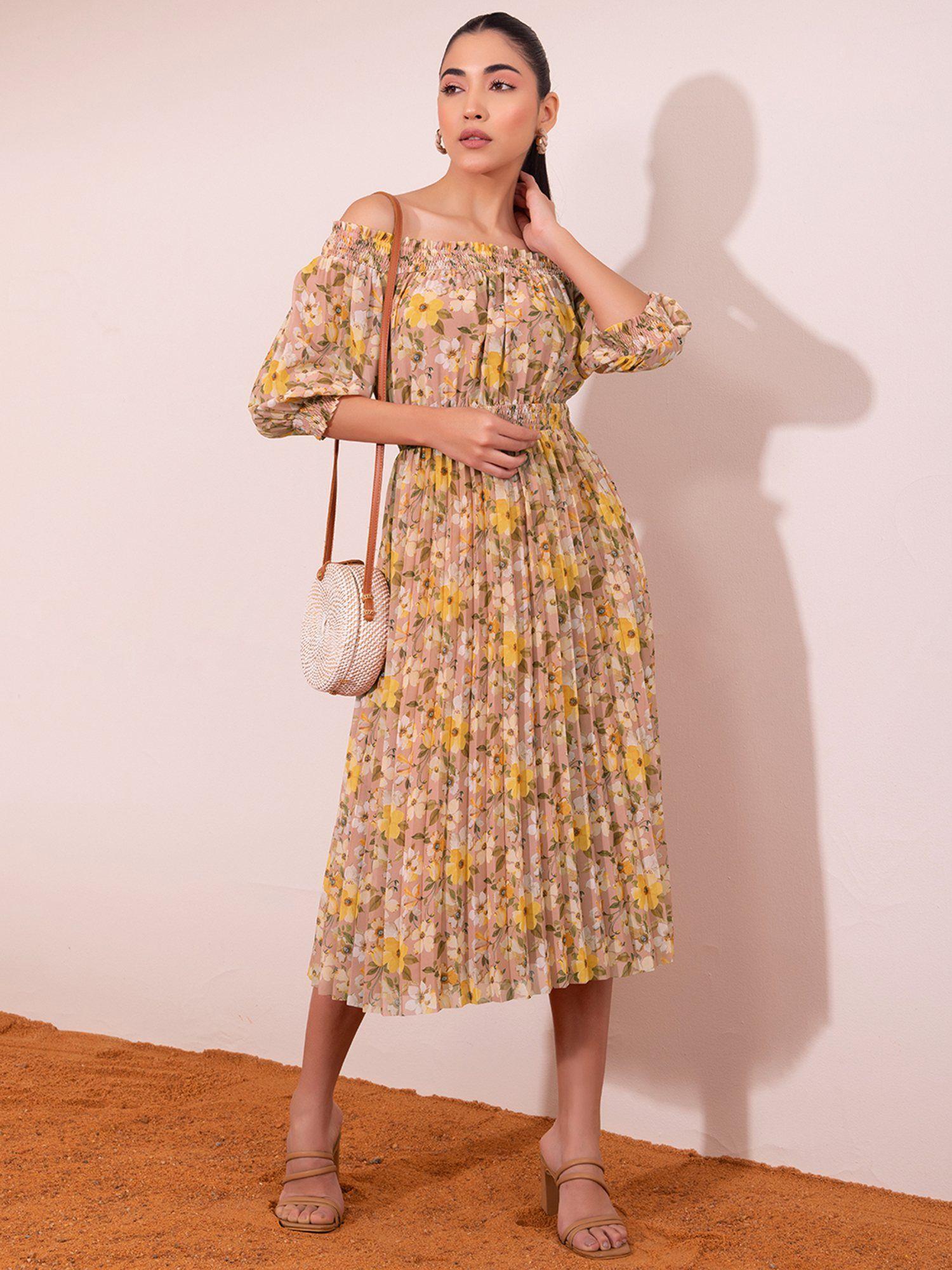 peach floral pleated off shoulder midi dress