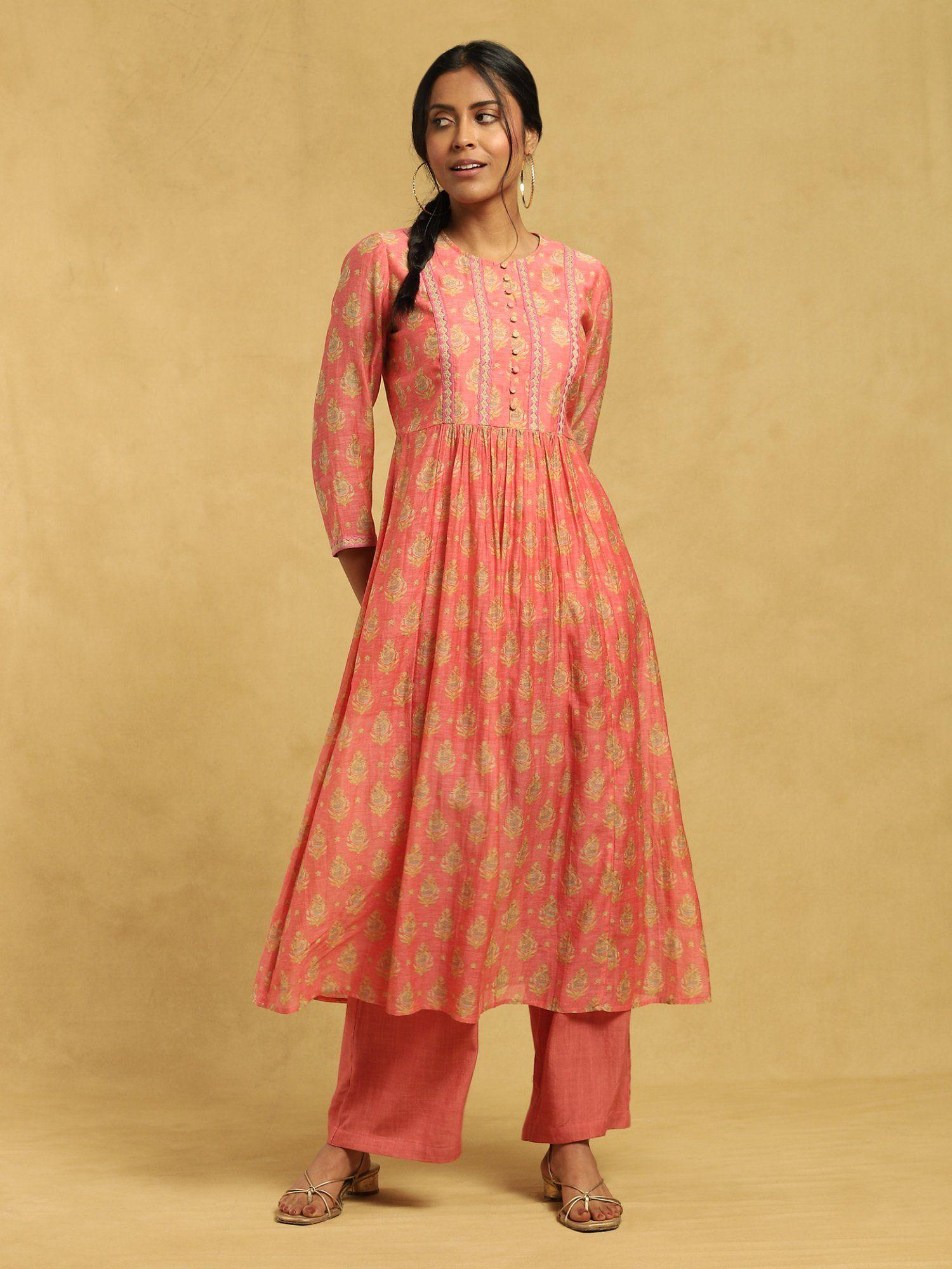 peach floral print a-line kurta with palazzo and inner (set of 3)