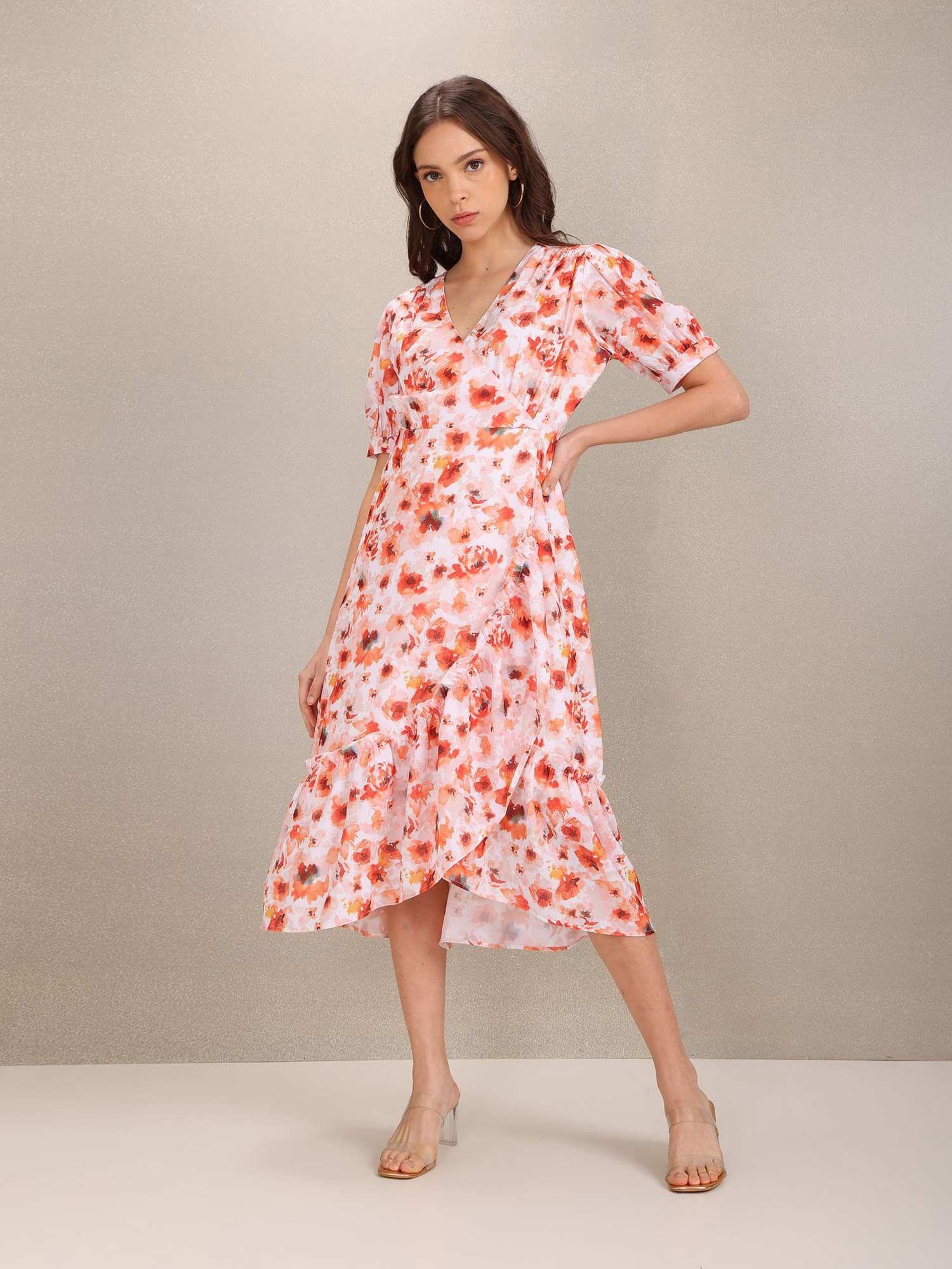 peach floral print fit and flare dress