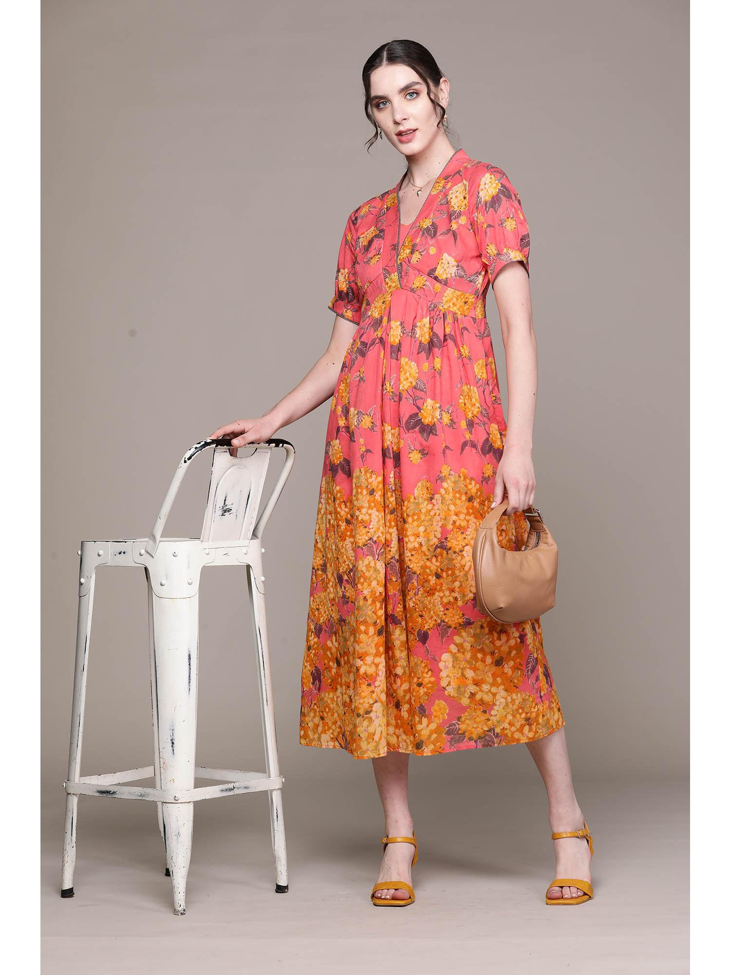 peach floral print long dress