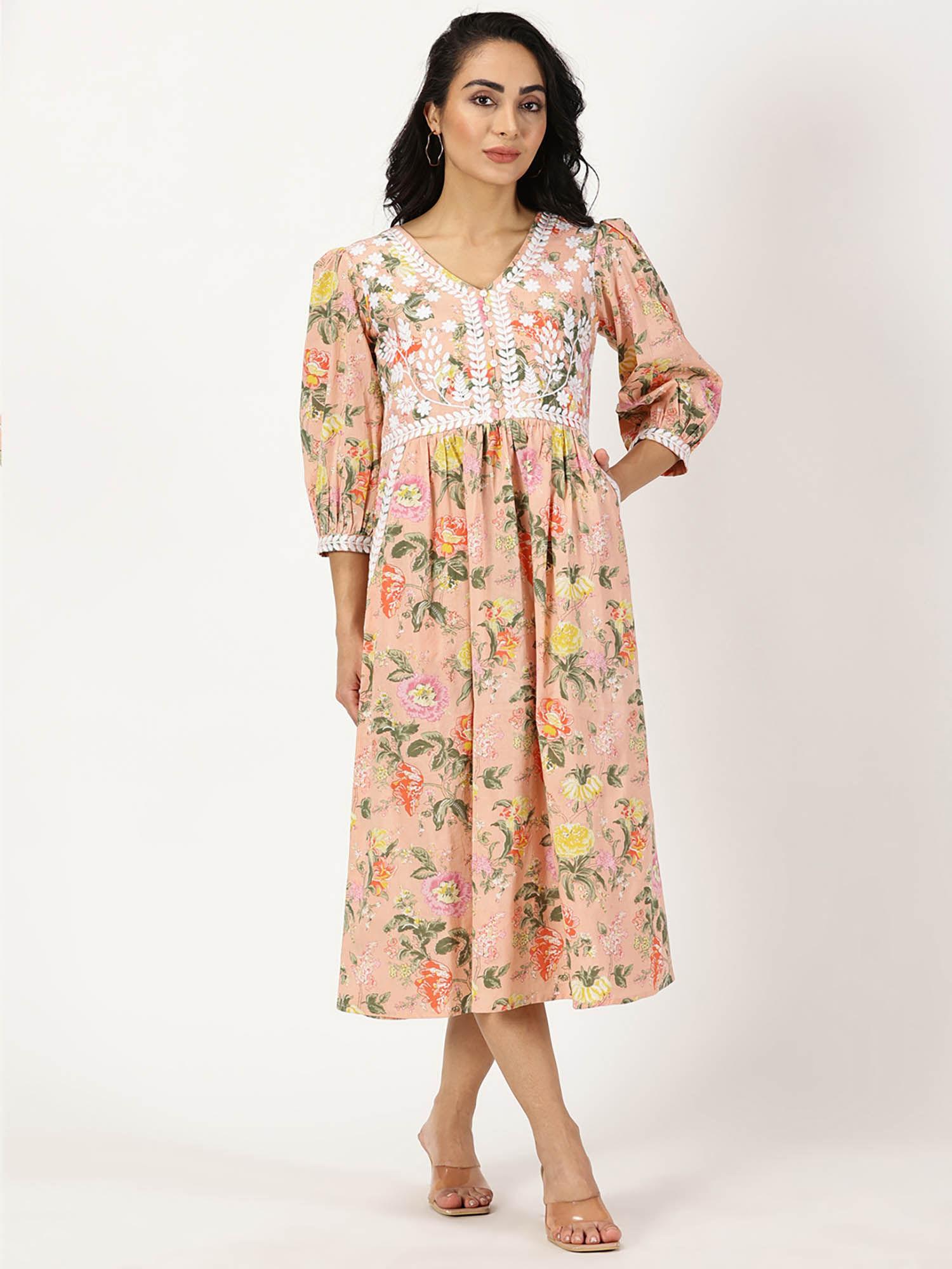 peach floral print midi dress with chikankari embroidery