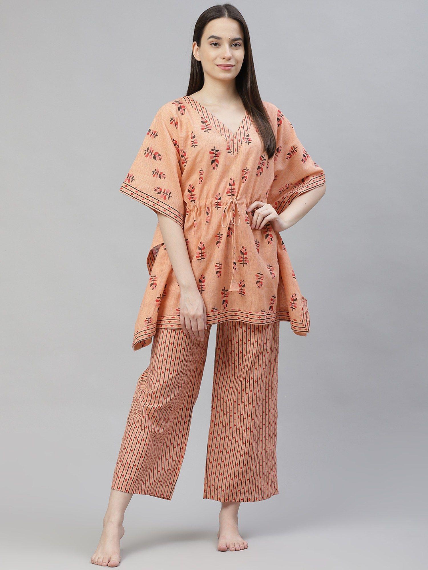 peach floral print pure cotton kaftan night suit (set of 2)