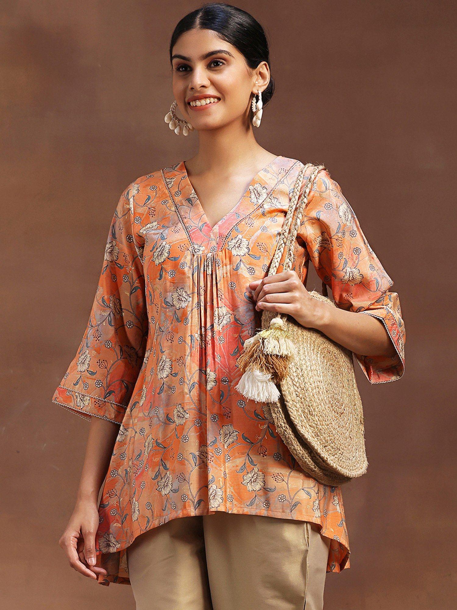 peach floral printed a-line kurti with pleated style & lace on neck