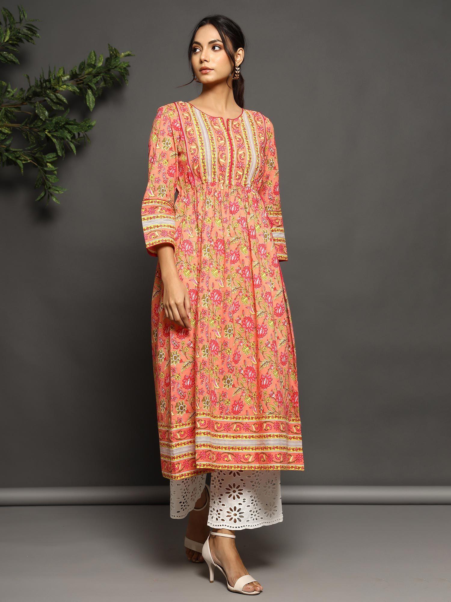 peach floral printed anarkali kurta