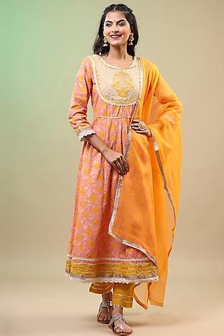 peach floral printed anarkali set