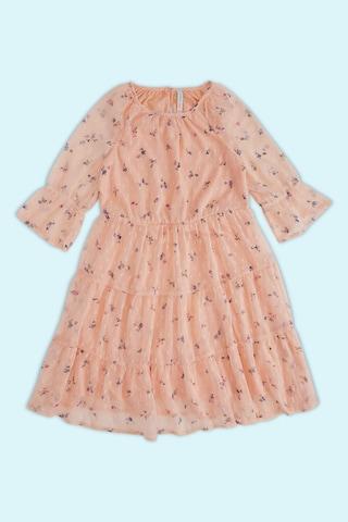 peach floral printed casual full sleeves round neck girls regular fit frock