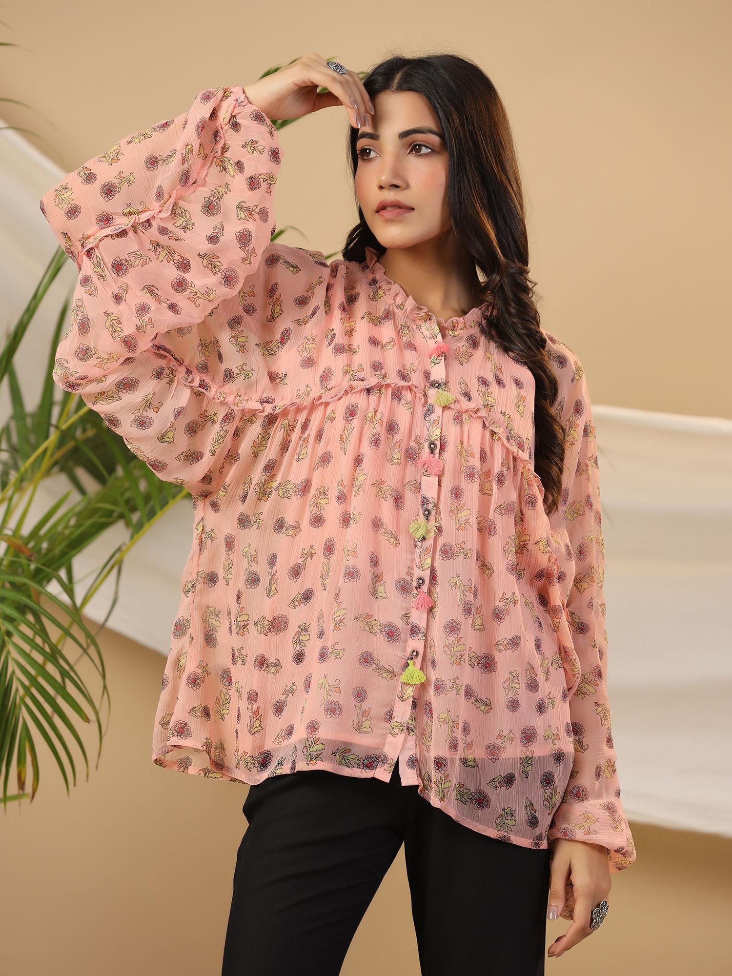 peach floral printed chiffon tunic with inner