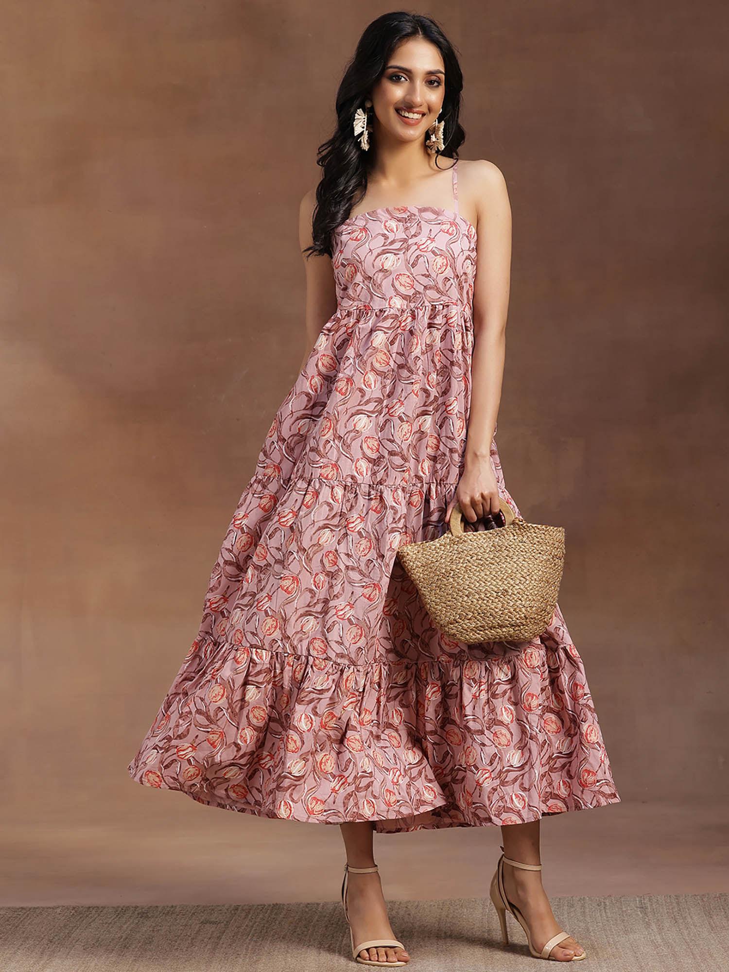 peach floral printed cotton maxi dress with panelled style & a pocket