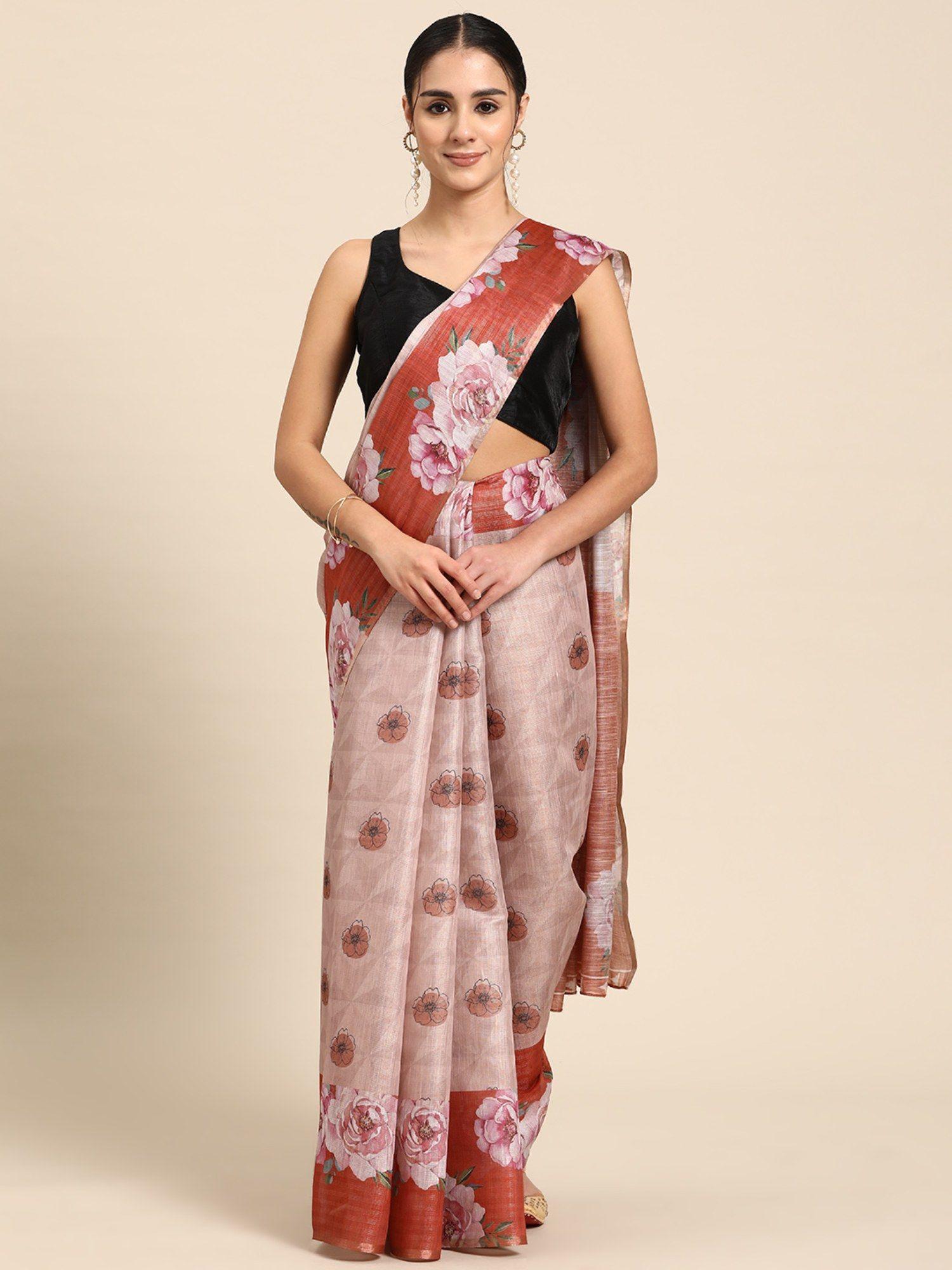 peach floral printed cotton silk saree with unstitched