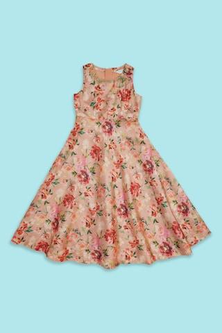 peach floral printed ethnic sleeveless round neck girls regular fit frock