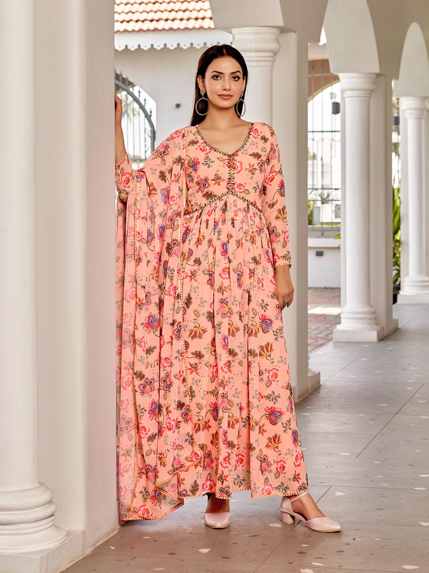 peach floral printed georgette anarkali with dupatta (set of 2)