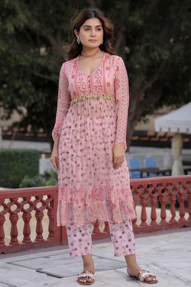 peach floral printed high slit lacy chiffon kurta with pants set (2-pcs)