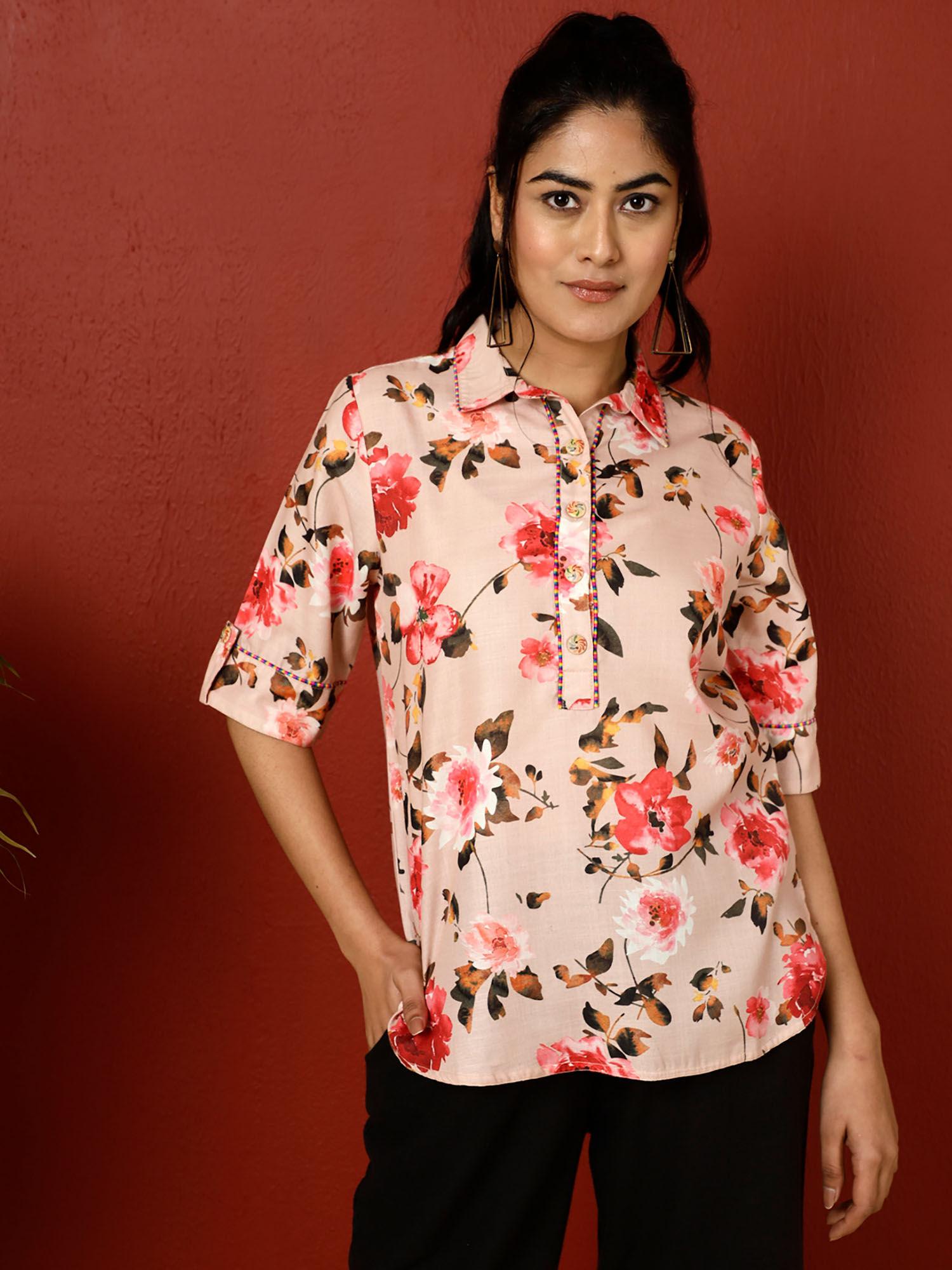 peach floral printed linen blend shirt style top