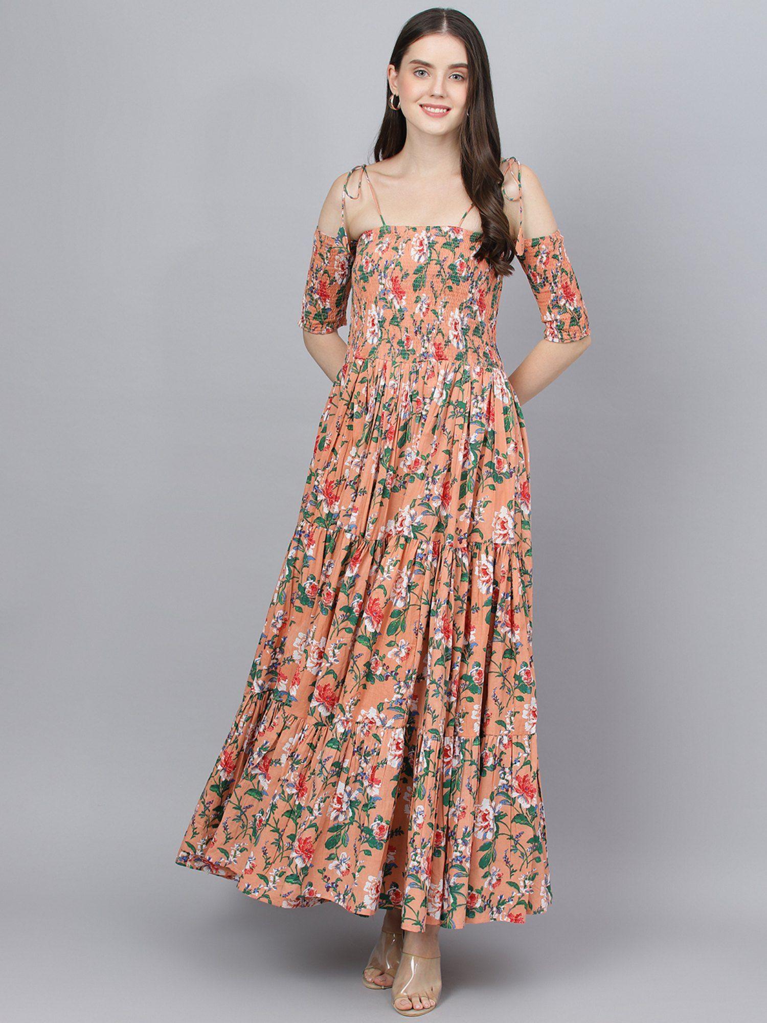 peach floral printed off shoulder flared long dress