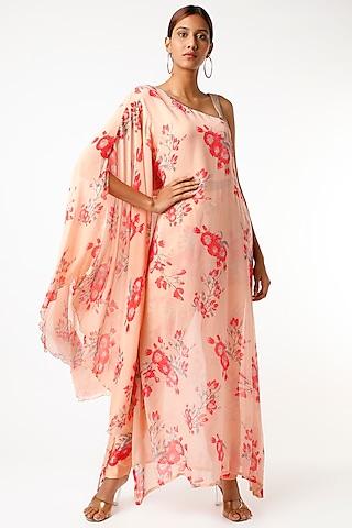 peach floral printed one-shoulder kurta set