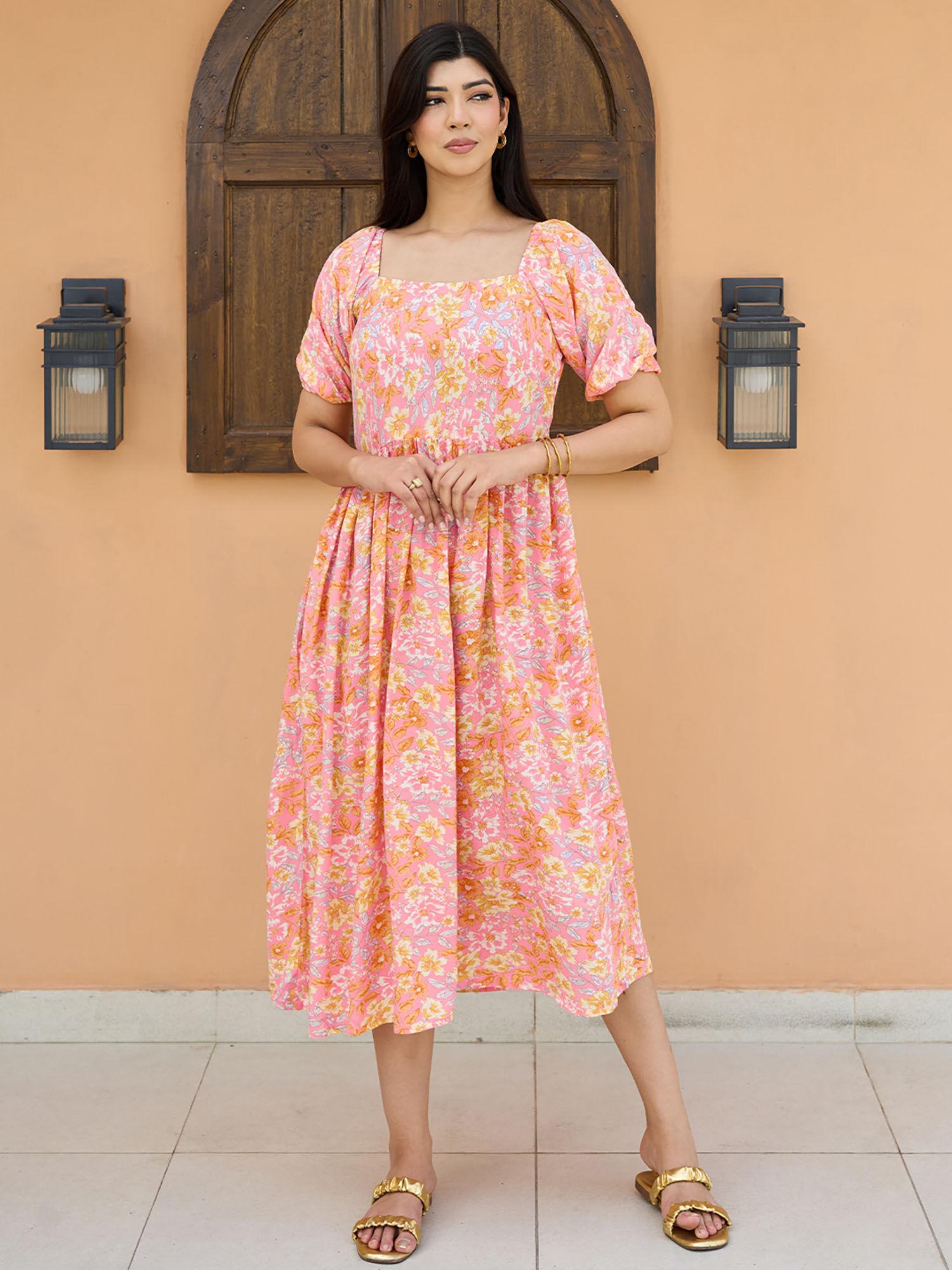 peach floral printed pleated fit & flared maxi dress