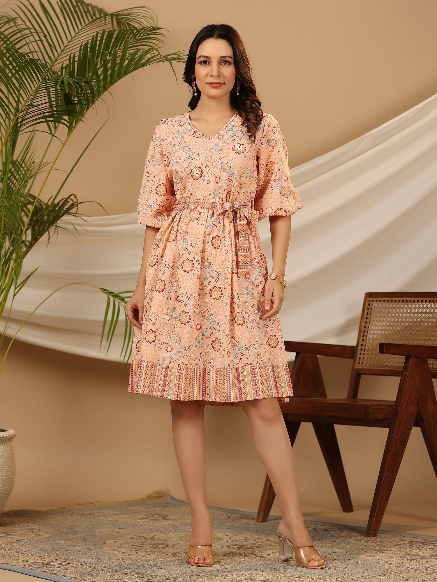 peach floral printed pure cotton short dress with belt & beads work