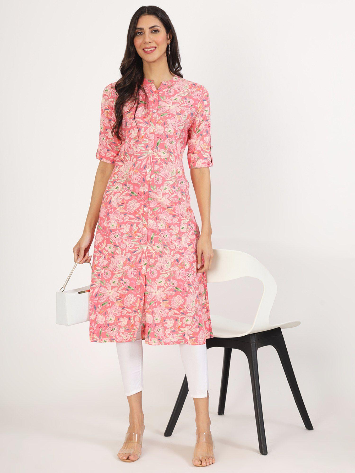 peach floral printed rayon a-line kurta