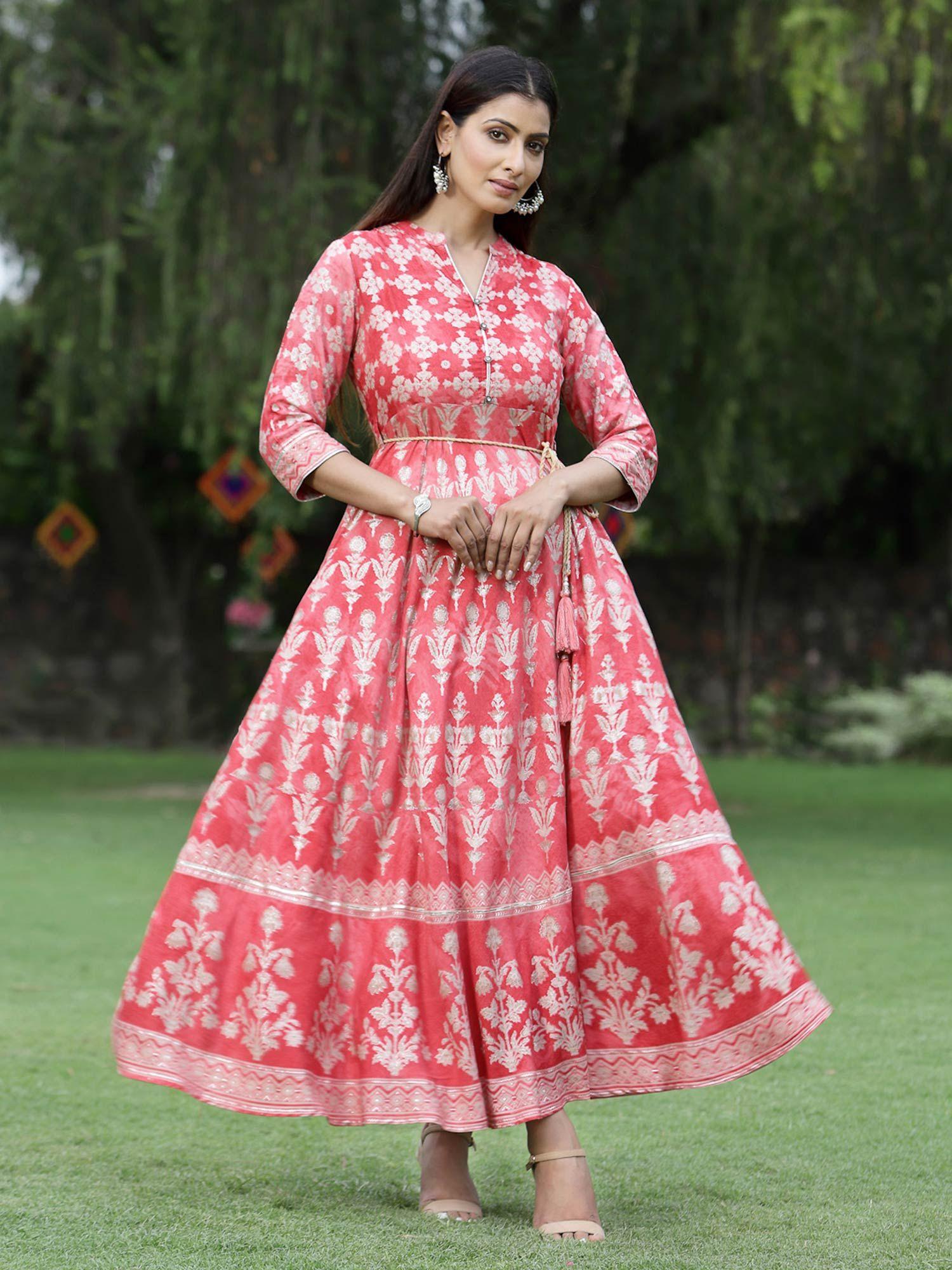 peach floral printed rayon flared maxi dress.