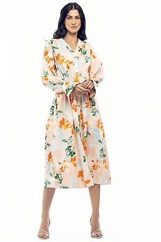 peach floral printed shirt dress