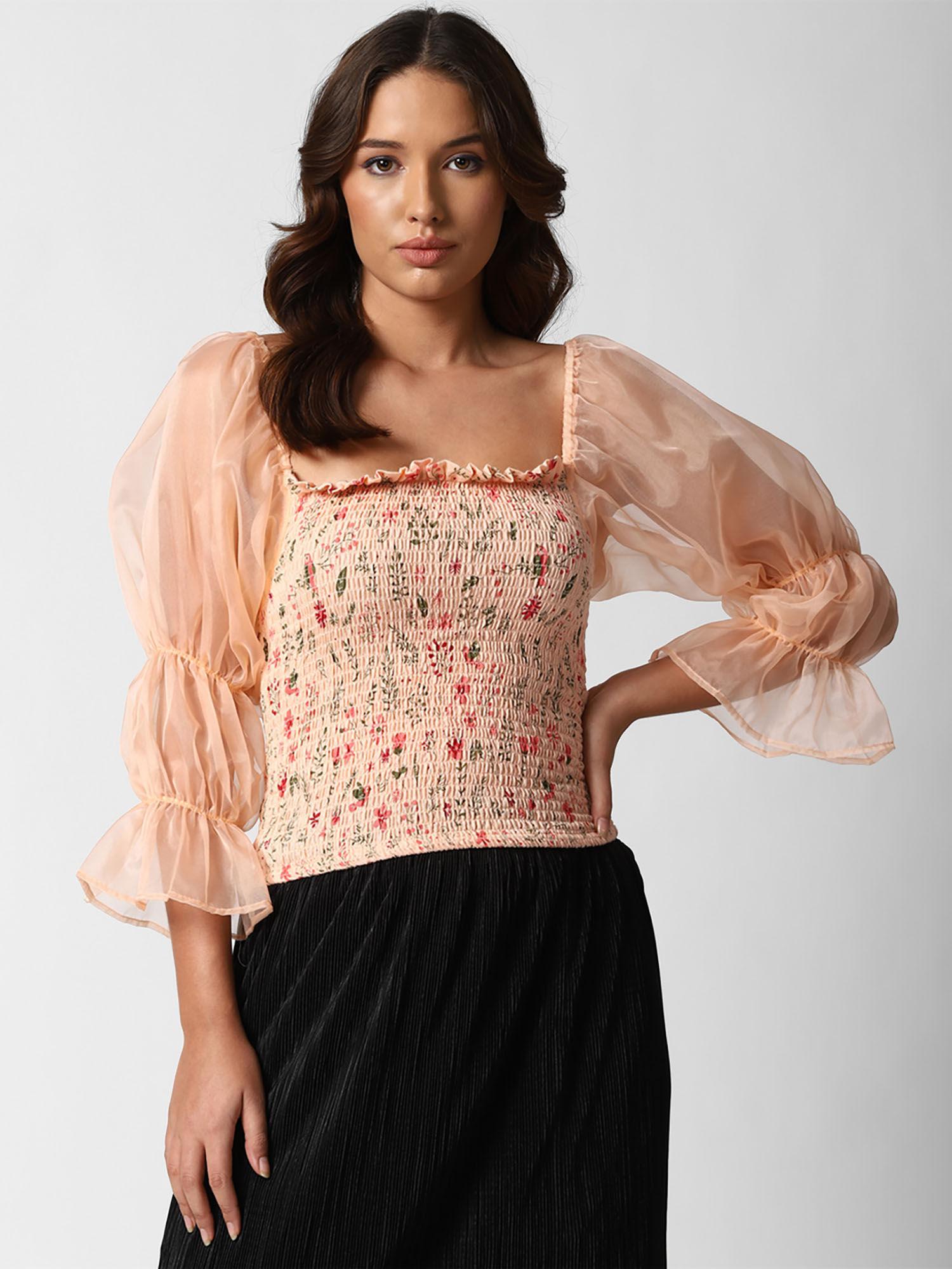 peach floral smocked puff-sleeve top