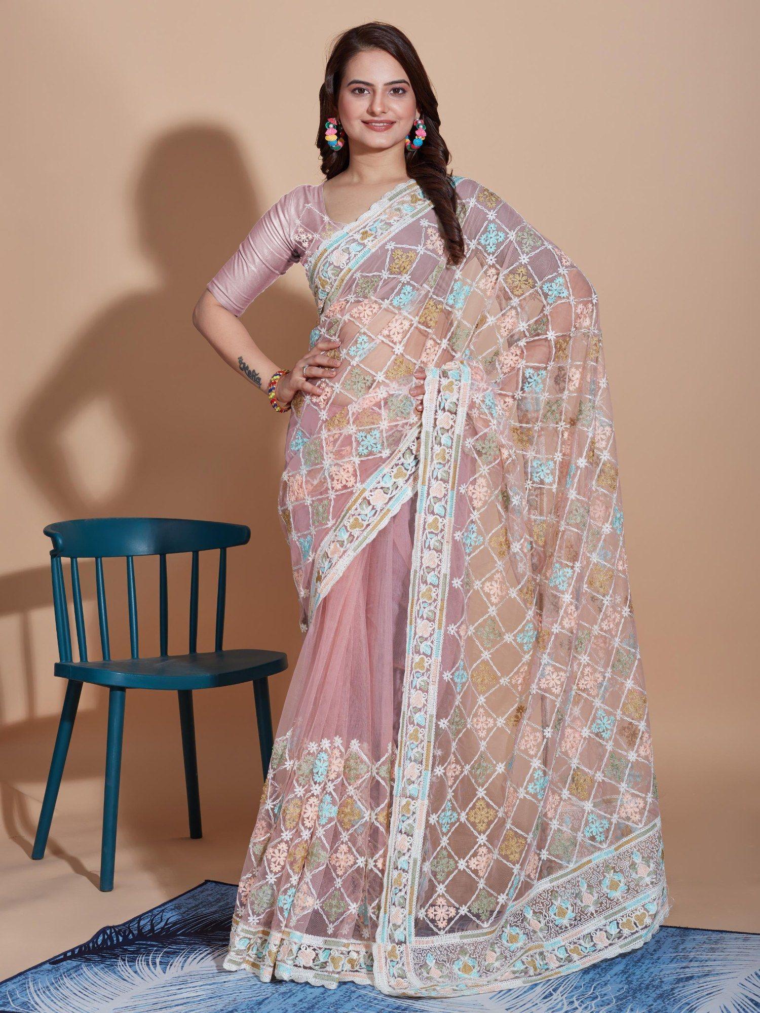 peach floral soft net embroidery saree with unstitched blouse