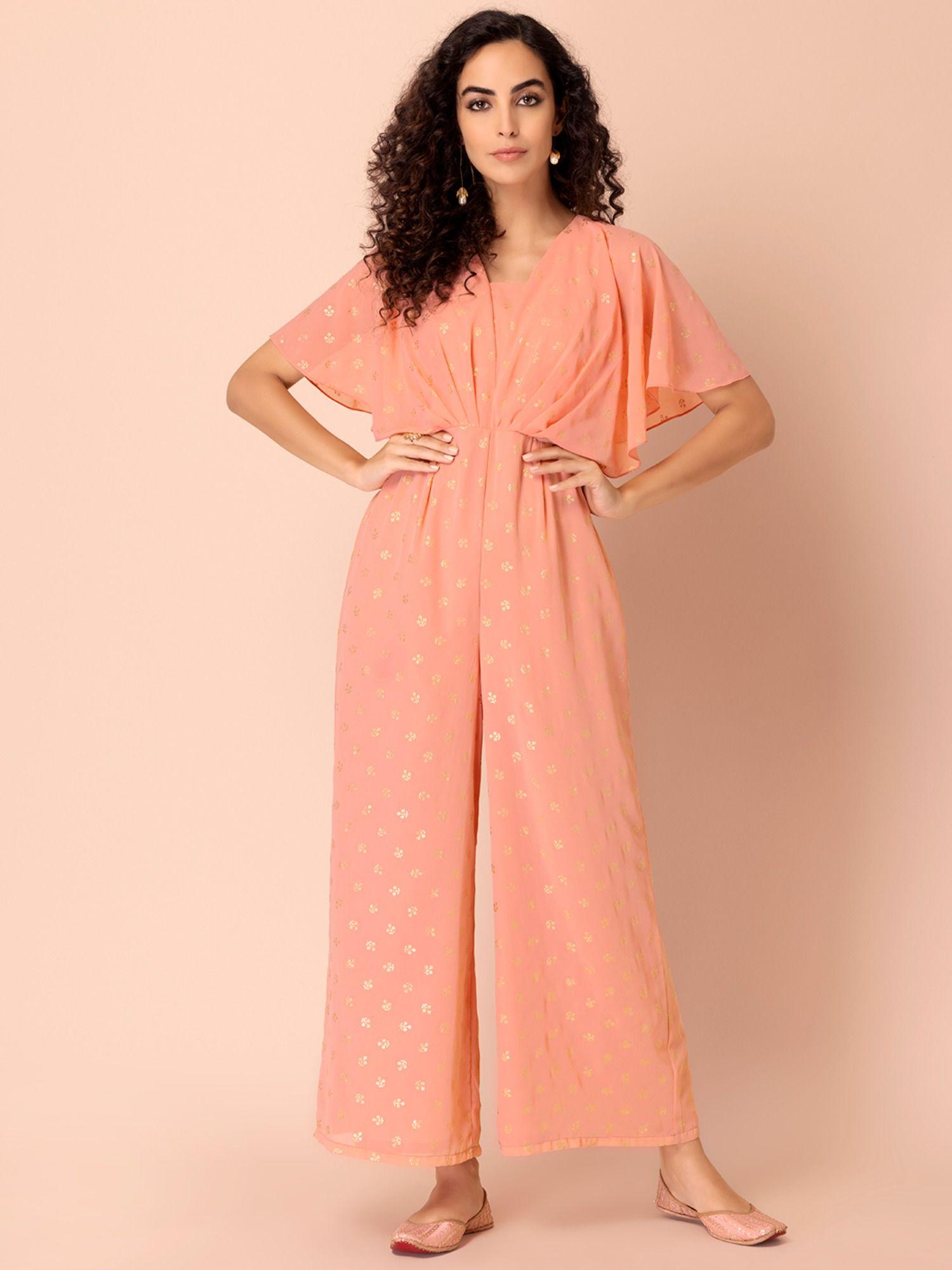 peach foil flared sleeve jumpsuit