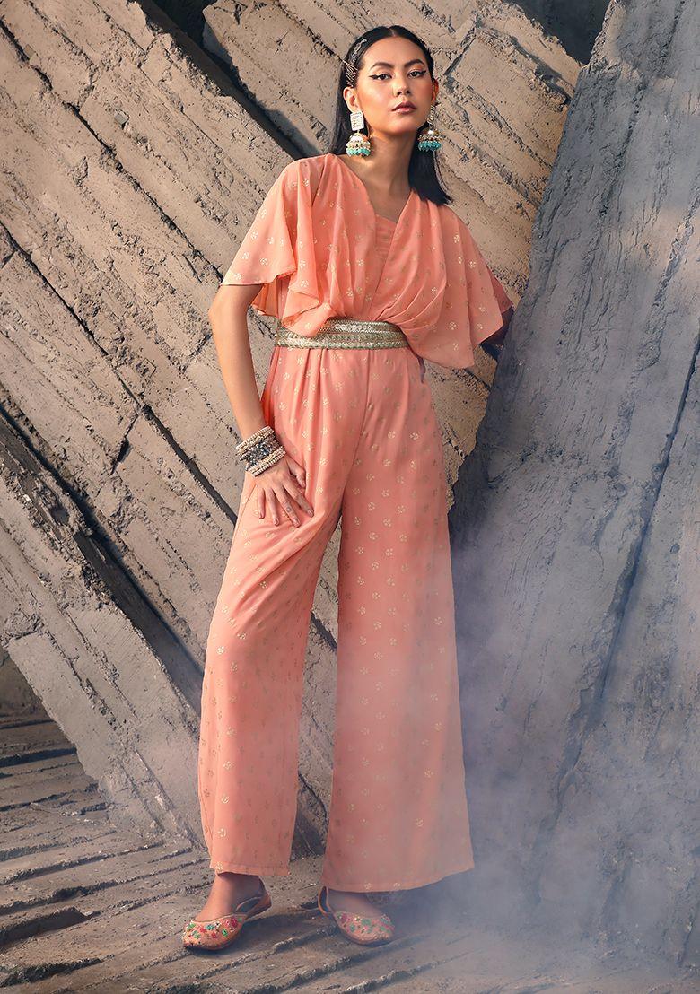 peach foil flared sleeve jumpsuit