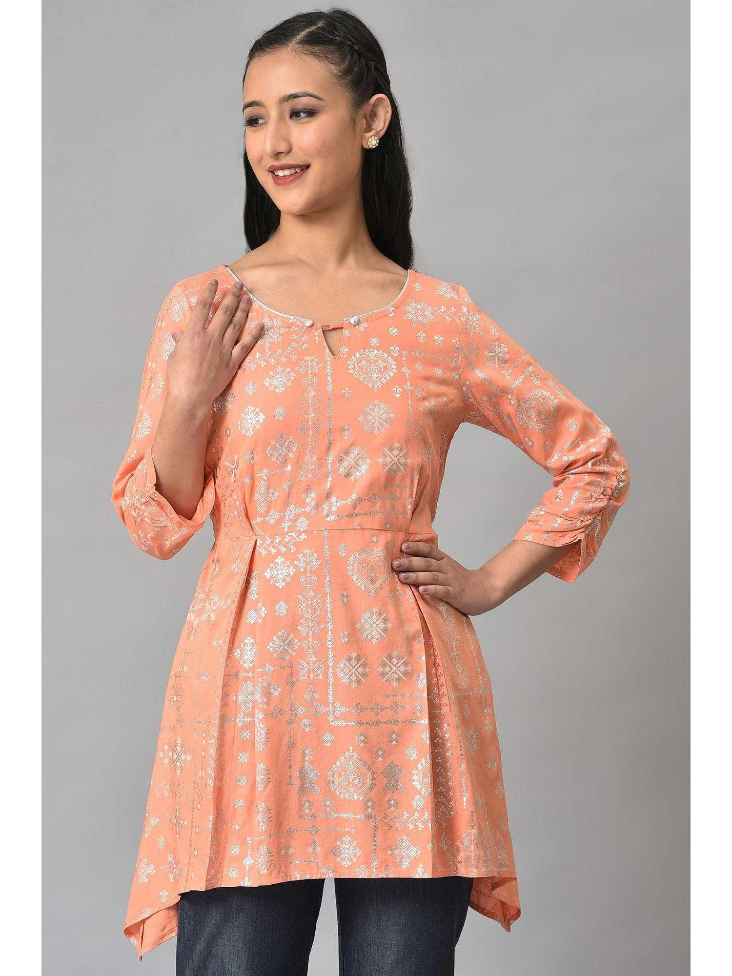 peach foil floral printed kurti