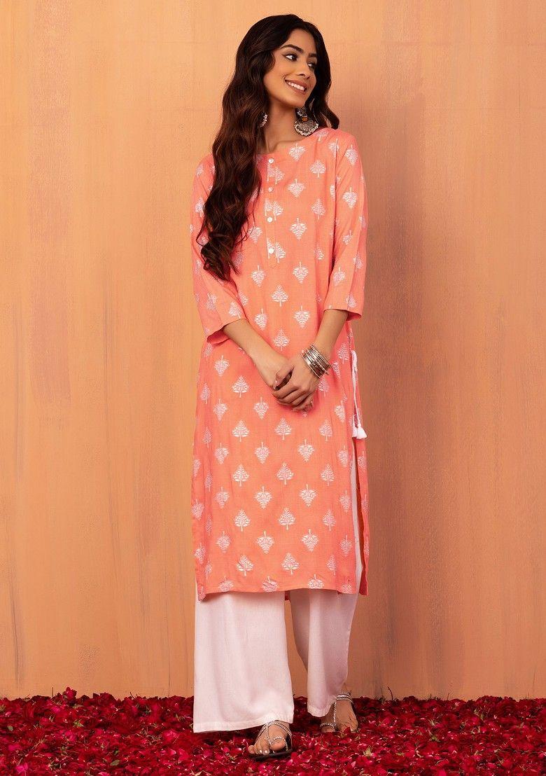 peach foil print rayon straight kurta