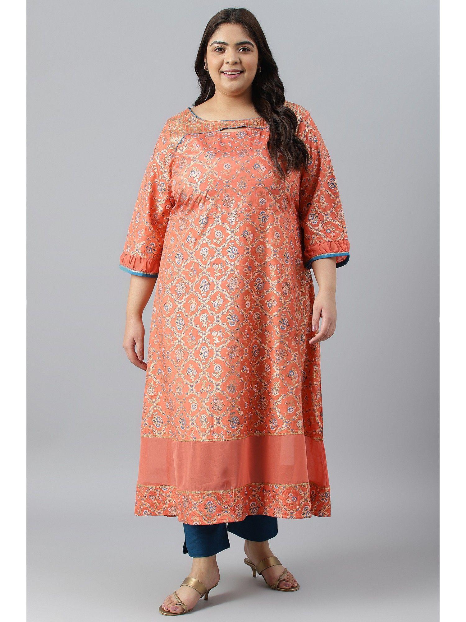 peach foil printed a line plus size liva kurta