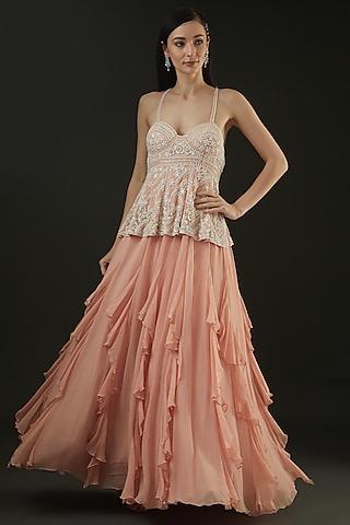 peach frilled gown with attached peplum