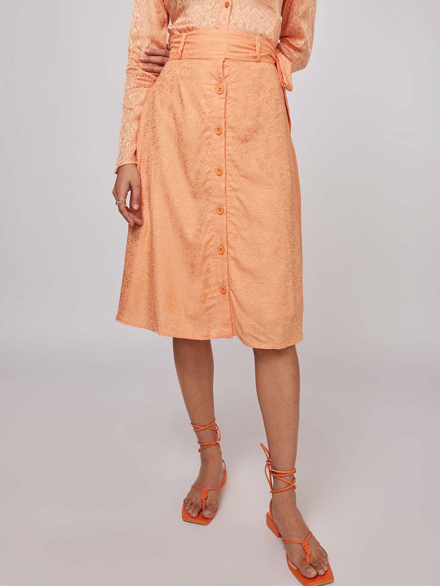 peach front button flared skirt