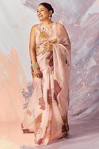 peach fuzz organza printed saree set