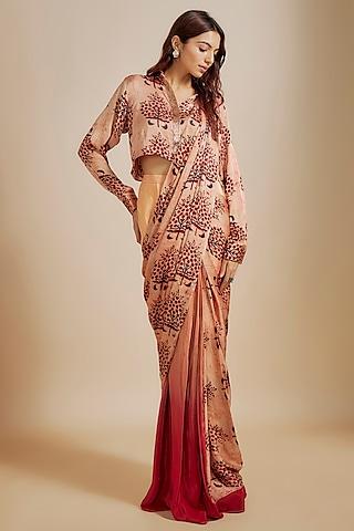 peach gajji & natural crepe ajrakh printed saree set