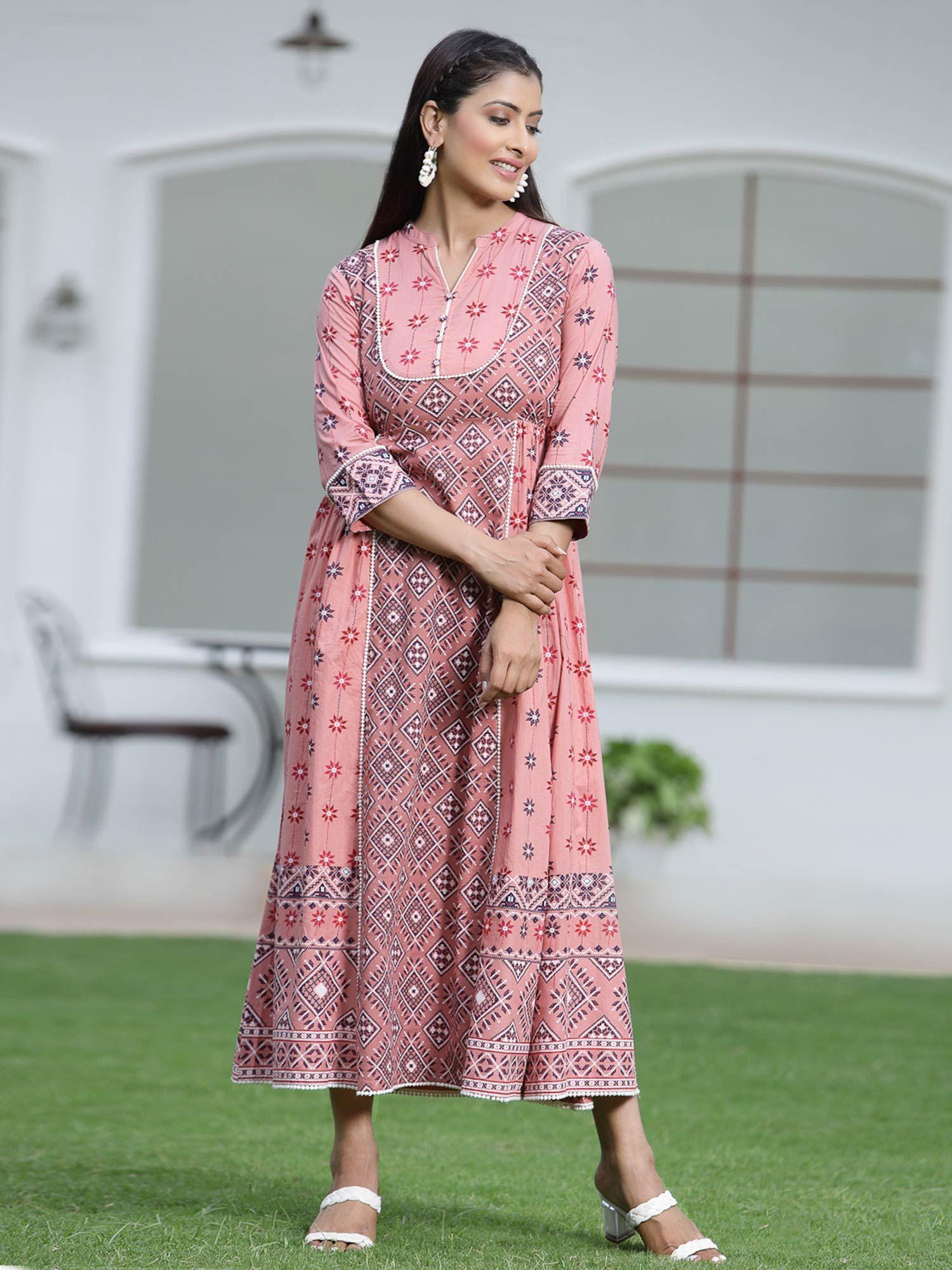 peach geometric printed pure cotton maxi dress with lace work