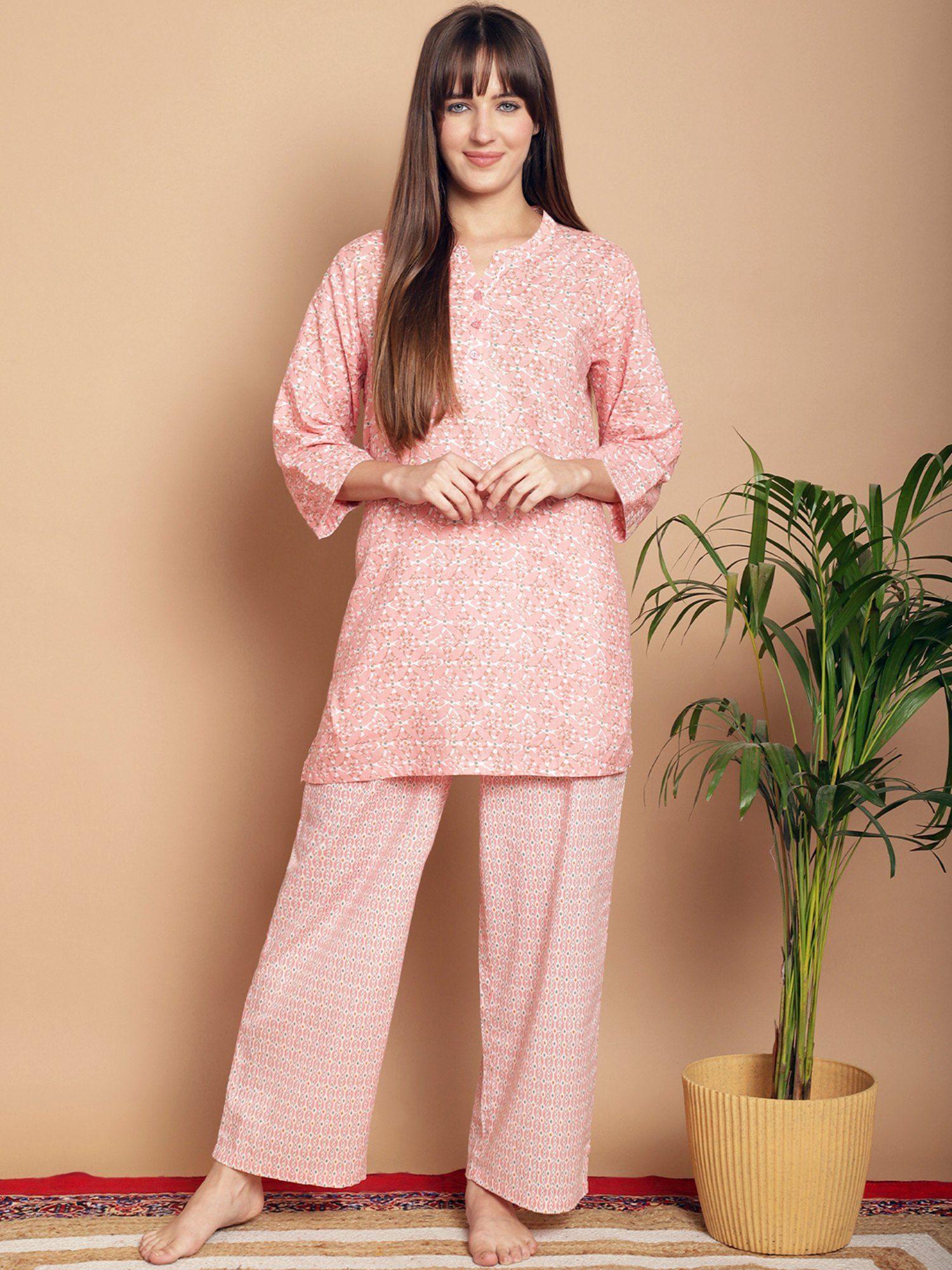 peach geometric printed pure cotton night suit (set of 2)