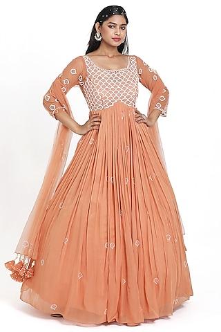 peach georgette & net cutdana embroidered gathered anarkali set