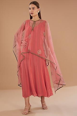 peach georgette & net swarovski embellished jacket dress