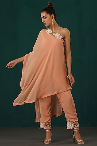 peach georgette & shantoon hand embroidered cape set