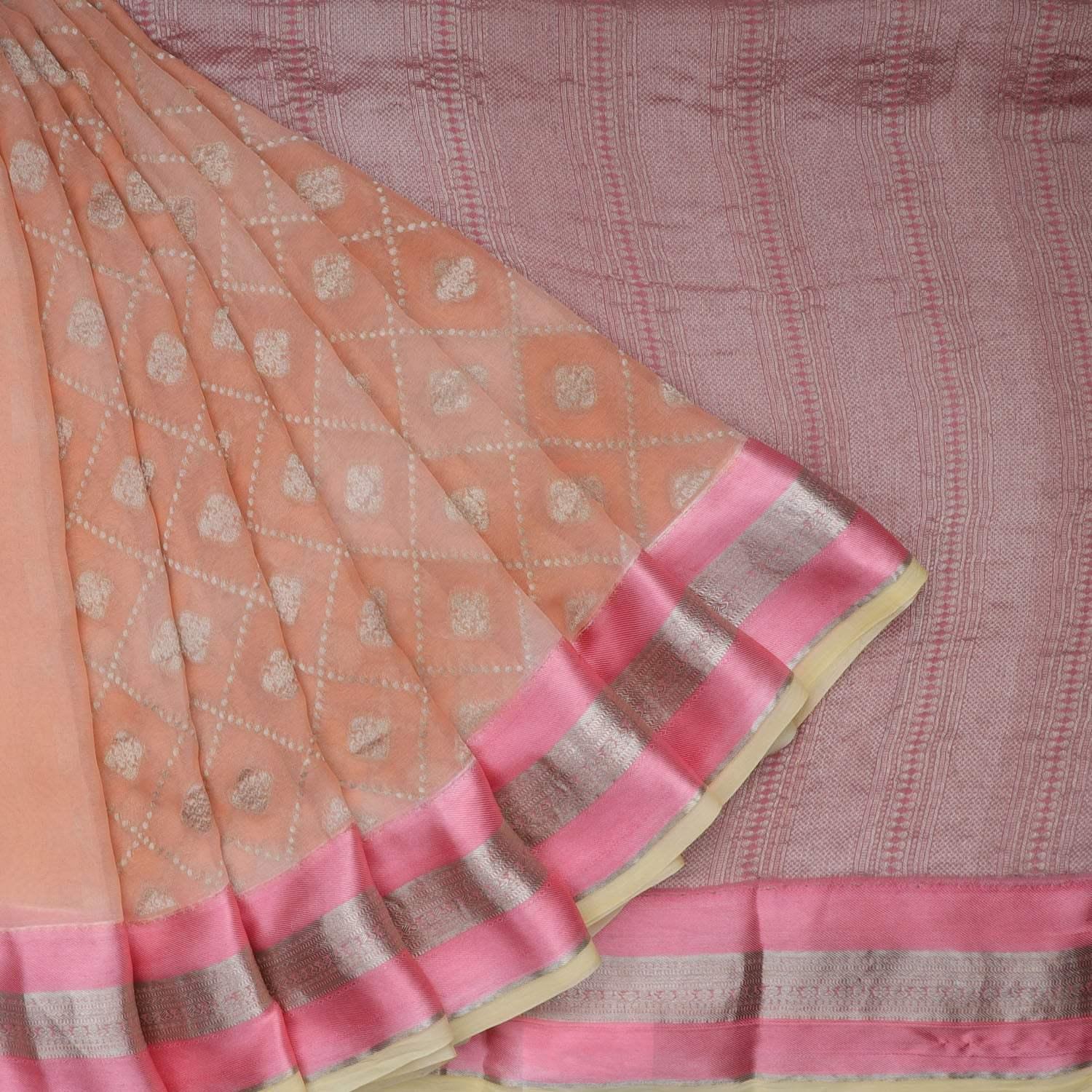 peach georgette banarasi saree with floral geometrical pattern