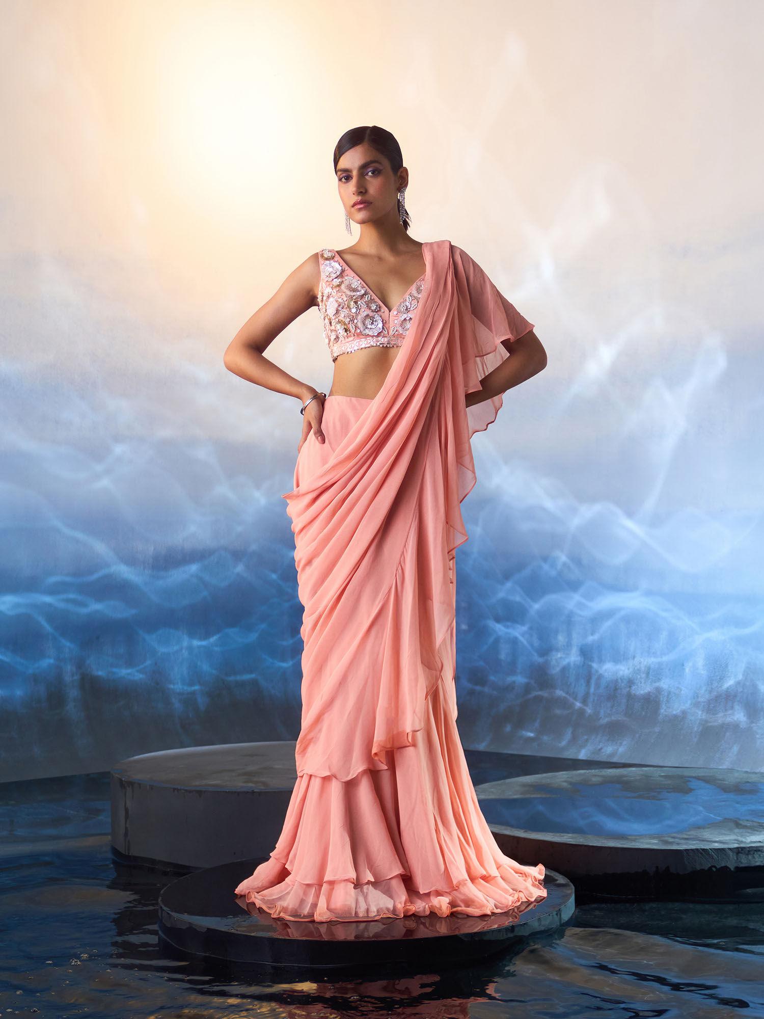 peach georgette drape saree with stitched blouse