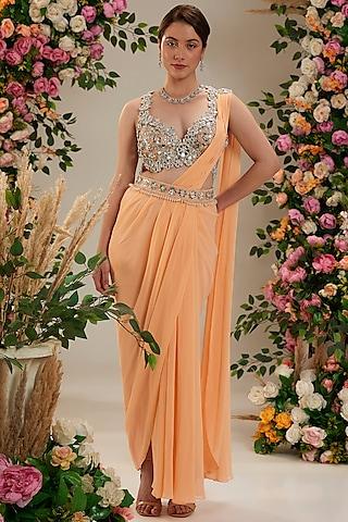 peach georgette draped saree set