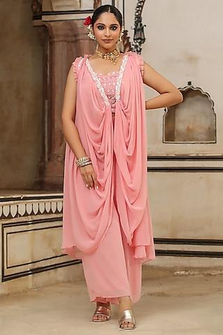 peach georgette embellished asymmetrical draped cape set